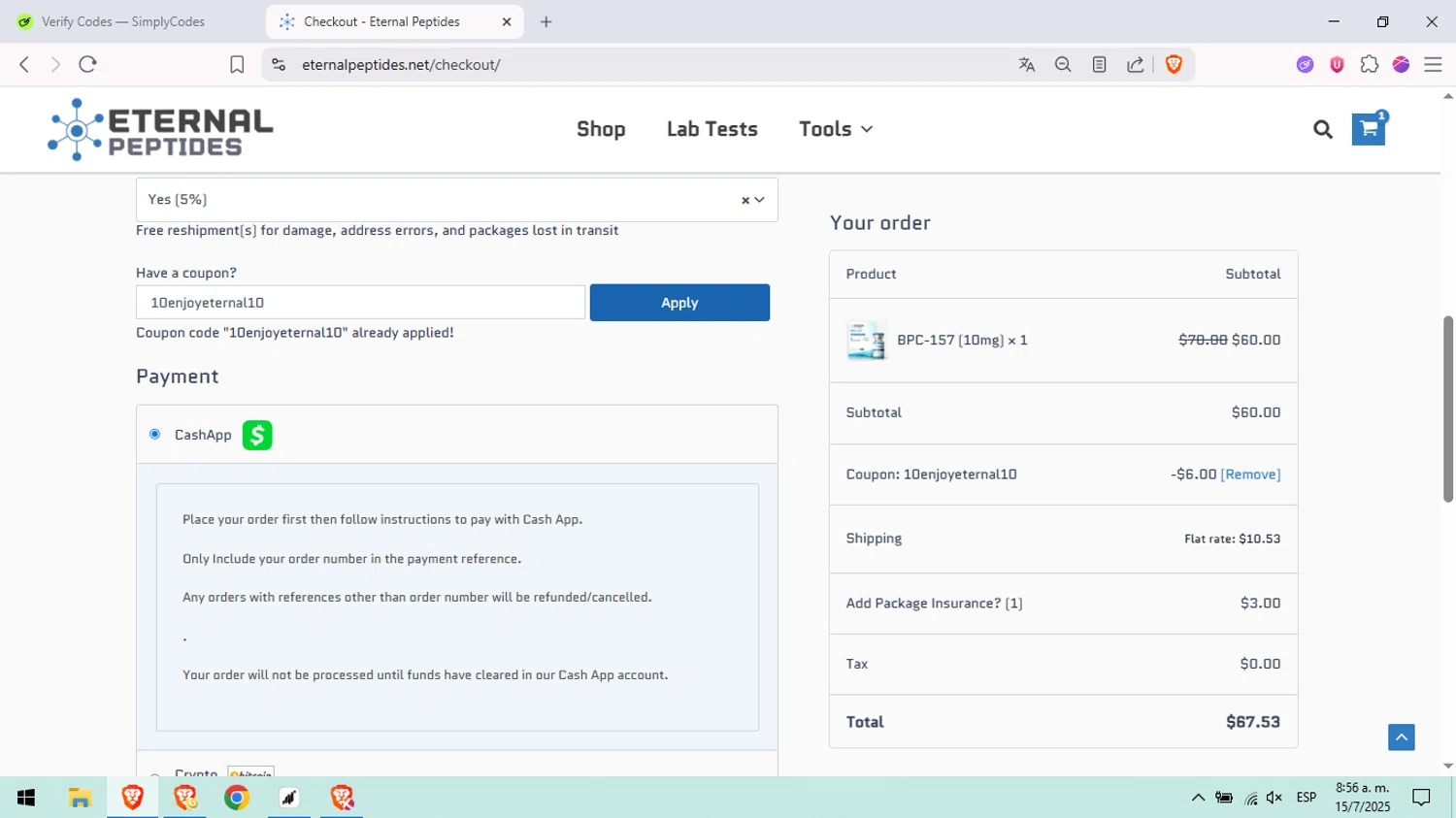 Eternal Peptides promo code screenshot showing code 10enjoyeternal10 applied at Eternal Peptides checkout page. Uploaded by SimplyCodes community member peachee on Jul 15, 2025