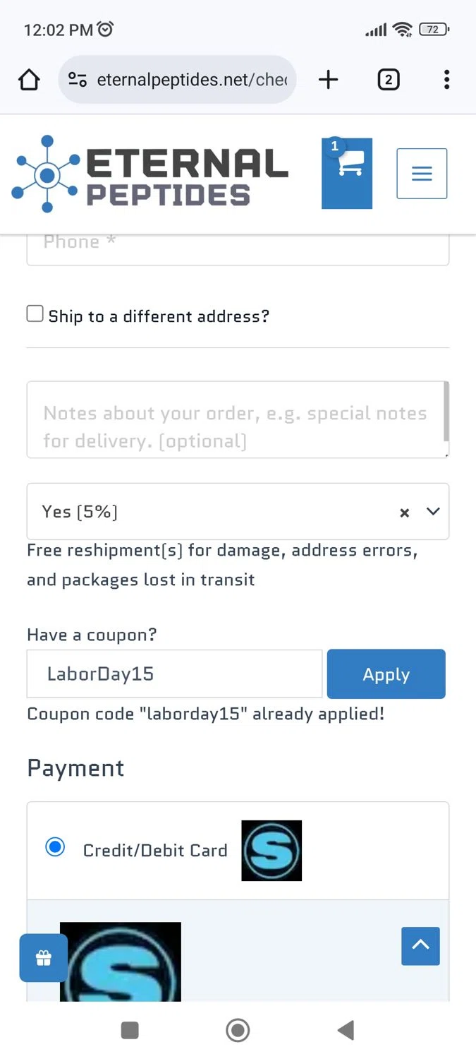 Eternal Peptides checkout page showing Eternal Peptides promo code box | Screenshot taken by SimplyCodes community member on Aug 28, 2025