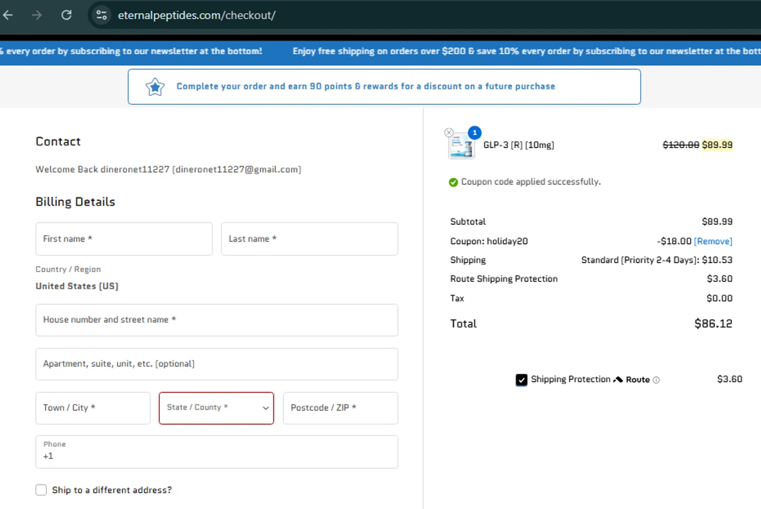 Eternal Peptides checkout page showing Eternal Peptides promo code box | Screenshot taken by SimplyCodes community member on Dec 17, 2025