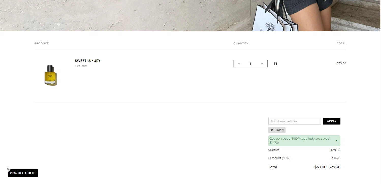 Eternal Perfume Oils discount code screenshot showing code T4DP applied at Eternal Perfume Oils checkout page. Uploaded by SimplyCodes community member Alydrop on Jul 13, 2025