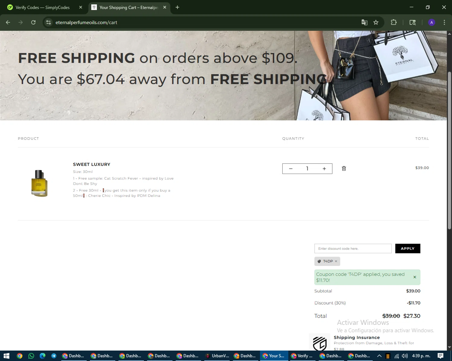 Eternal Perfume Oils discount code screenshot showing code T4DP applied at Eternal Perfume Oils checkout page. Uploaded by SimplyCodes community member MagnificentWarden4603 on Aug 11, 2025