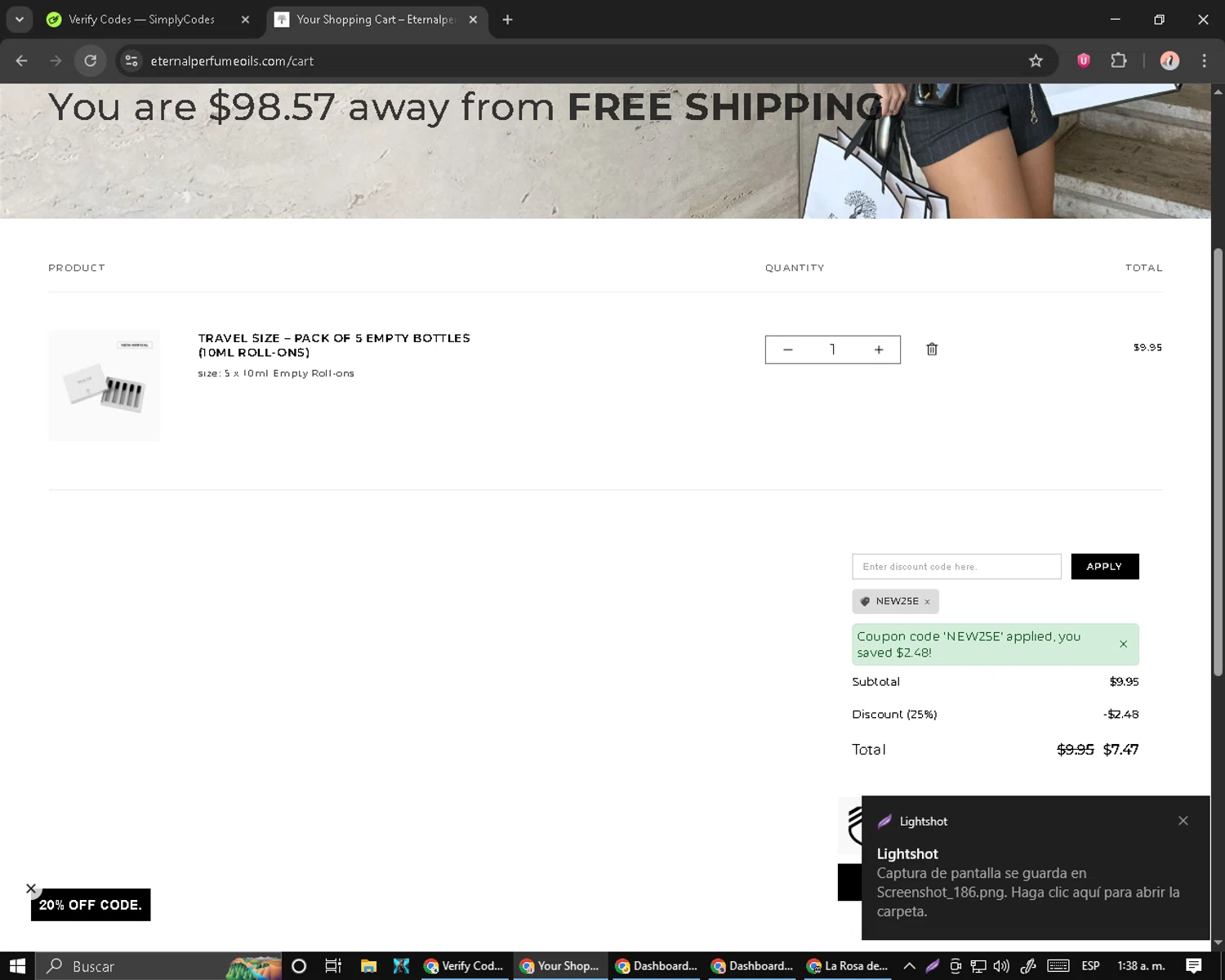 Eternal Perfume Oils discount code screenshot showing code NEW25E applied at Eternal Perfume Oils checkout page. Uploaded by SimplyCodes community member MoneyPilot9165 on Aug 25, 2025