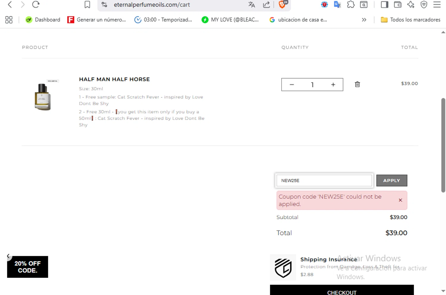 Eternal Perfume Oils discount code screenshot showing code NEW25E applied at Eternal Perfume Oils checkout page. Uploaded by SimplyCodes community member VoucherFalcon3942 on Sep 2, 2025