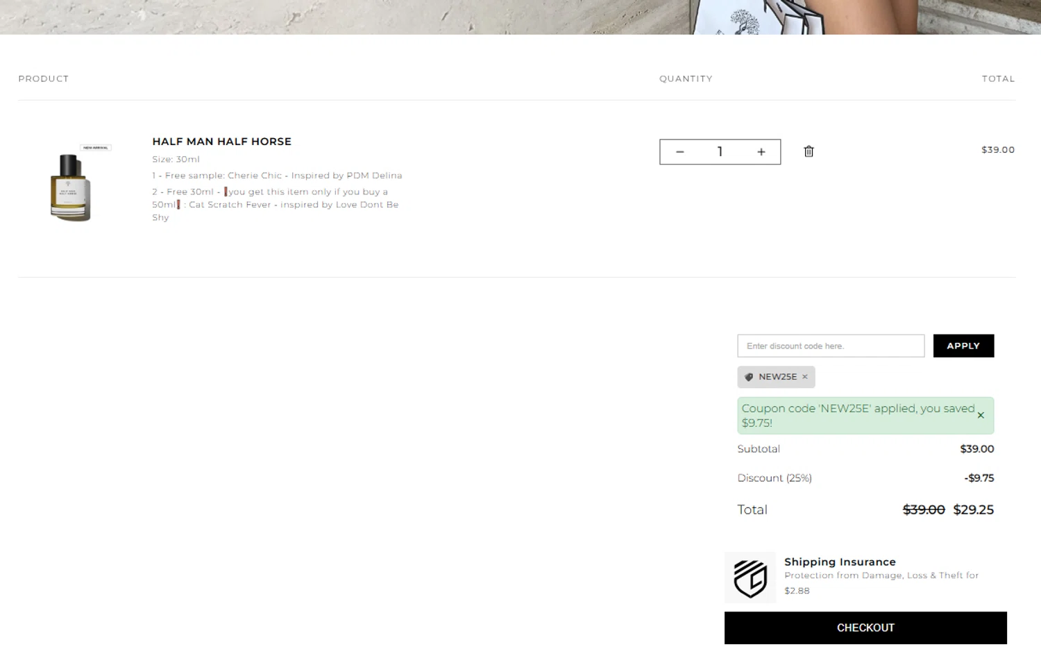 Eternal Perfume Oils discount code screenshot showing code NEW25E applied at Eternal Perfume Oils checkout page. Uploaded by SimplyCodes community member joandgray9 on Aug 8, 2025