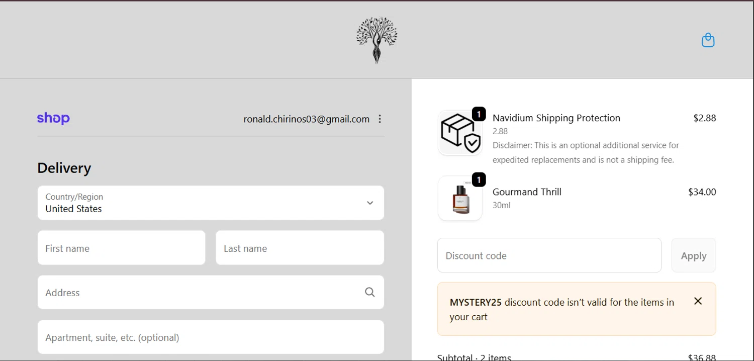 Eternal Perfume Oils discount code screenshot showing code MYSTERY25 applied at Eternal Perfume Oils checkout page. Uploaded by SimplyCodes community member ValiantMaverick169 on Feb 13, 2026