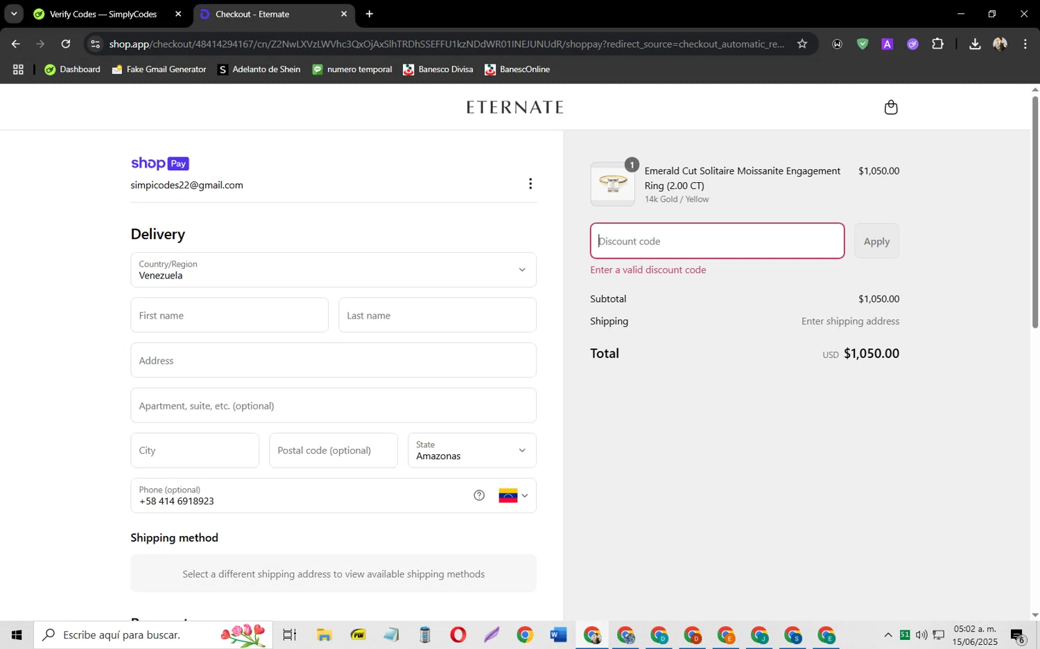 Eternate discount code screenshot showing code PRIDE15 applied at Eternate checkout page. Uploaded by SimplyCodes community member jeysosmoore on Jun 15, 2025