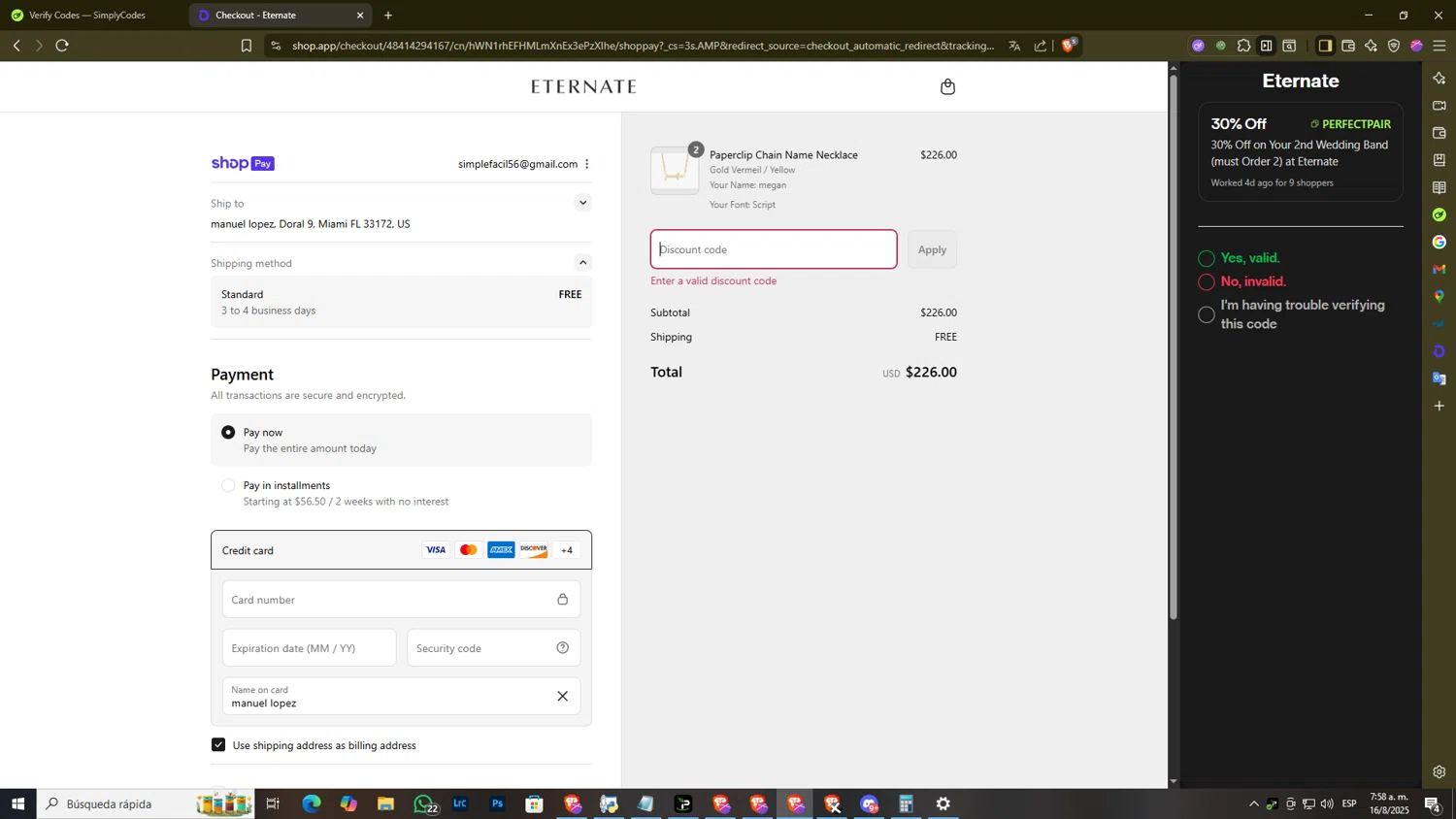 Eternate discount code screenshot showing code PERFECTPAIR applied at Eternate checkout page. Uploaded by SimplyCodes community member DiscountExpert556 on Aug 16, 2025