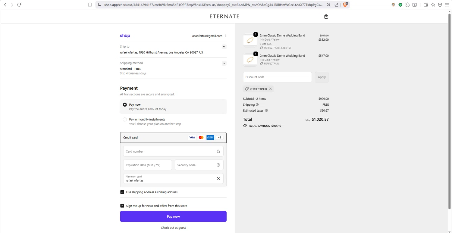 Eternate discount code screenshot showing code PERFECTPAIR applied at Eternate checkout page. Uploaded by SimplyCodes community member dayselis15 on Dec 24, 2025