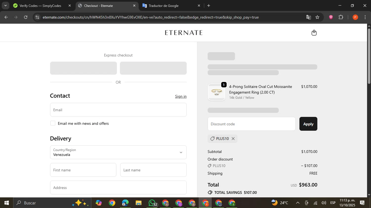 Eternate discount code screenshot showing code PLUS10 applied at Eternate checkout page. Uploaded by SimplyCodes community member VictoriousCaptain2658 on Oct 14, 2025