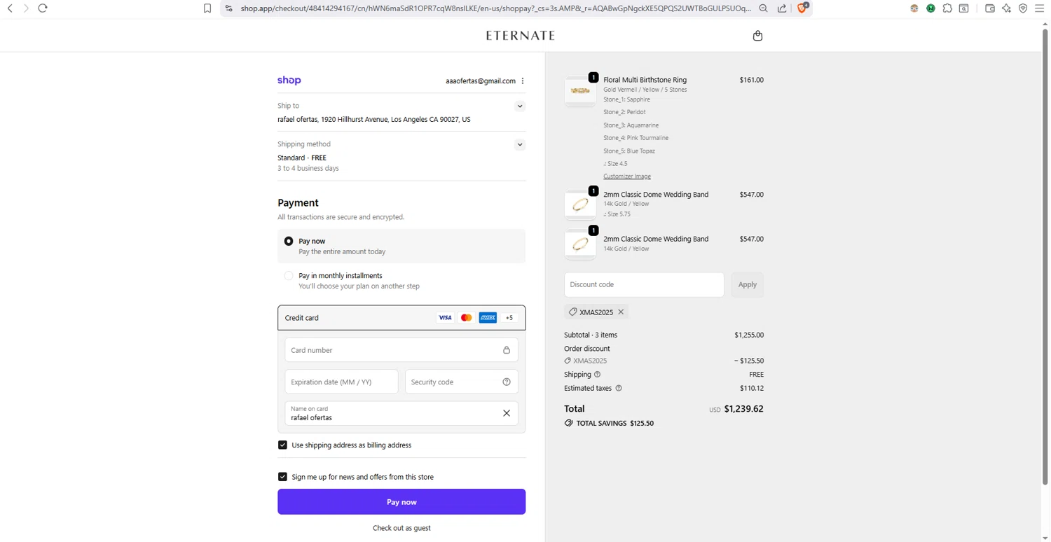 Eternate discount code screenshot showing code xmas2025 applied at Eternate checkout page. Uploaded by SimplyCodes community member dayselis15 on Dec 24, 2025