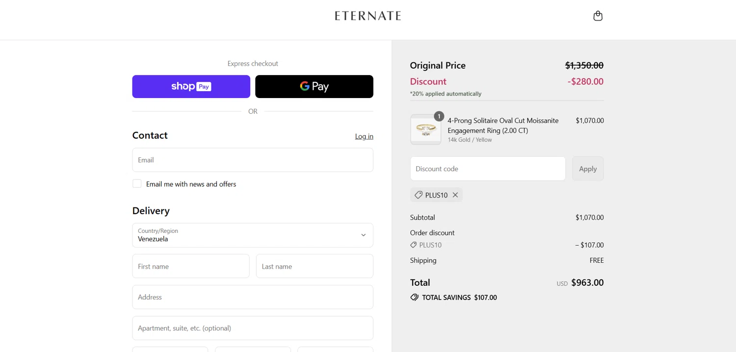Eternate discount code screenshot showing code PLUS10 applied at Eternate checkout page. Uploaded by SimplyCodes community member Dorothy on Aug 28, 2025