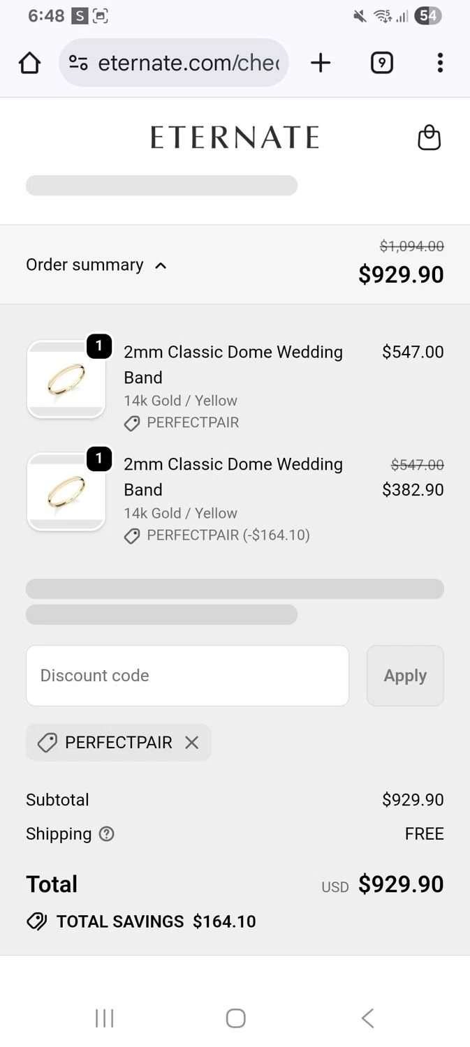 Eternate discount code screenshot showing code Perfectpair applied at Eternate checkout page. Uploaded by SimplyCodes community member KarinaHZ on Dec 23, 2025