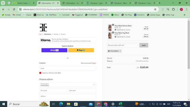 ETERNE checkout page showing ETERNE discount code box | Screenshot taken by SimplyCodes community member on Jul 11, 2024