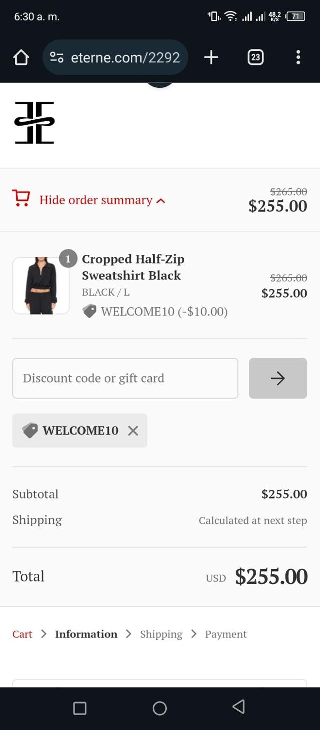 ETERNE checkout page showing ETERNE discount code box | Screenshot taken by SimplyCodes community member on Dec 24, 2023