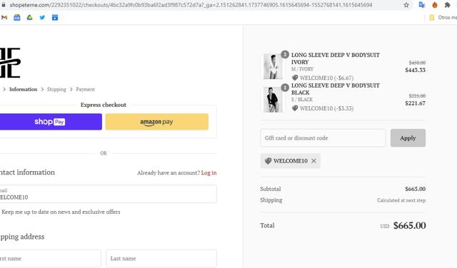 ETERNE checkout page showing ETERNE discount code box | Screenshot taken by SimplyCodes community member on Mar 13, 2021