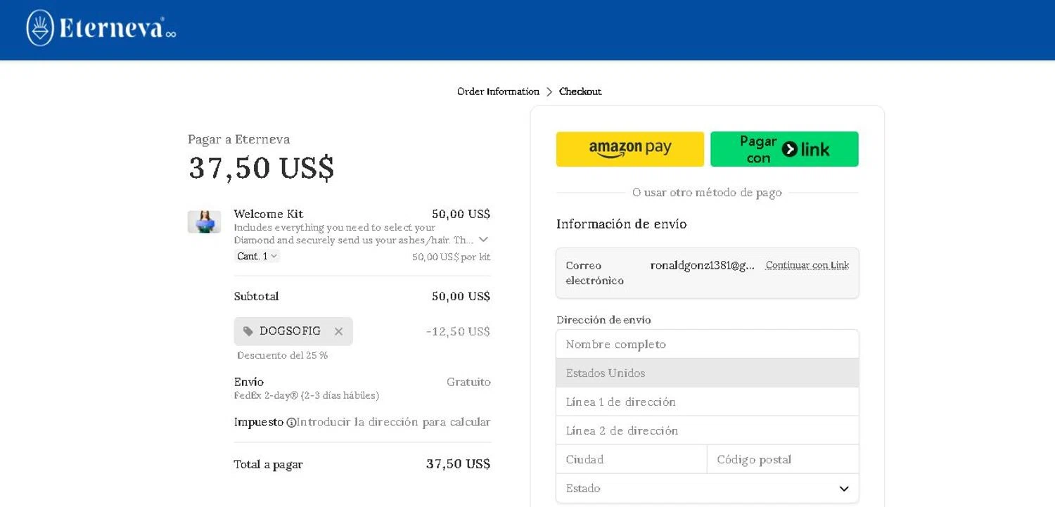 Eterneva discount code screenshot showing code DOGSOFIG applied at Eterneva checkout page. Uploaded by SimplyCodes community member SavvyHawk656 on Dec 27, 2024