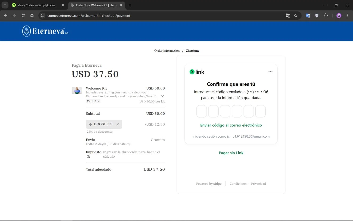 Eterneva discount code screenshot showing code DOGSOFIG applied at Eterneva checkout page. Uploaded by SimplyCodes community member CrownMaestro9486 on Dec 27, 2024