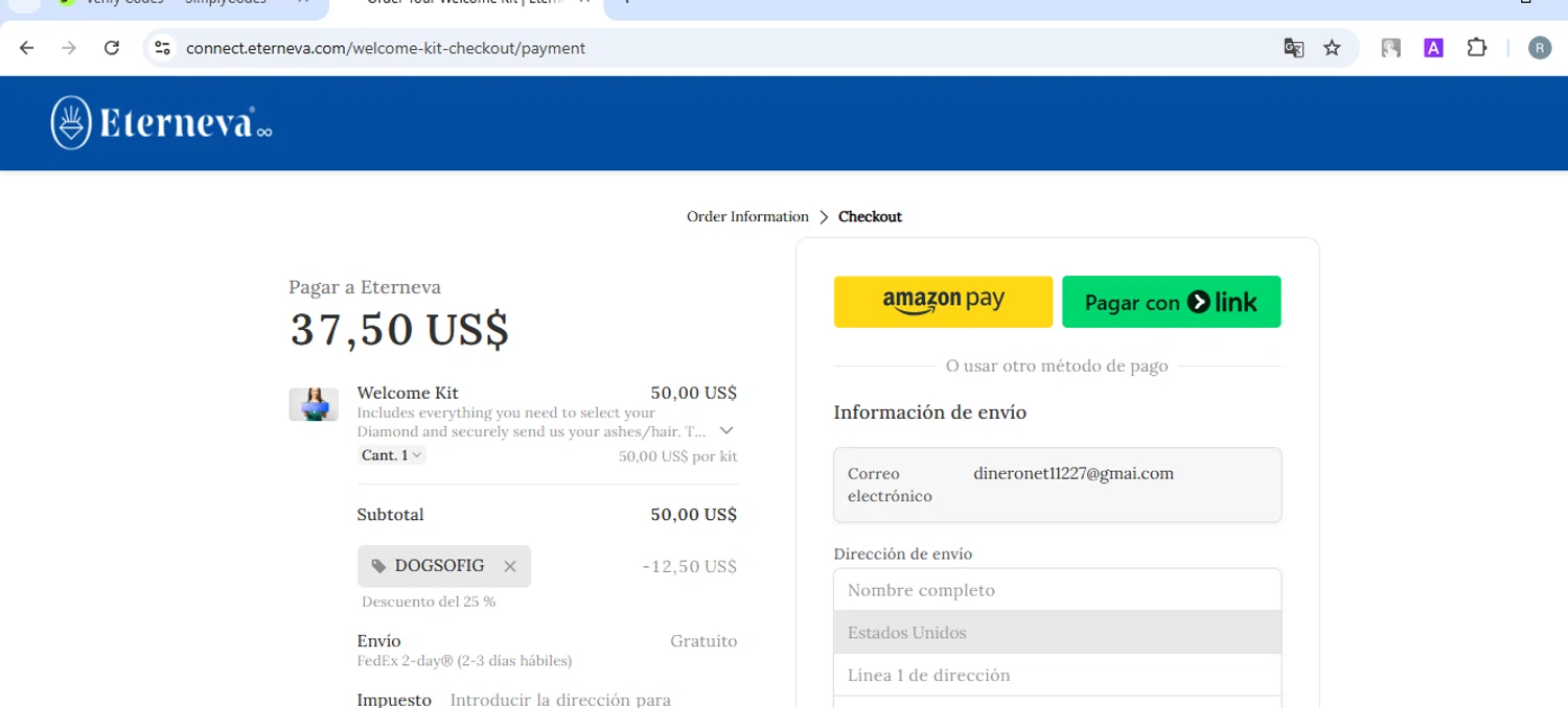 Eterneva discount code screenshot showing code DOGSOFIG applied at Eterneva checkout page. Uploaded by SimplyCodes community member ExtraordinarySleuth3936 on Jan 19, 2025