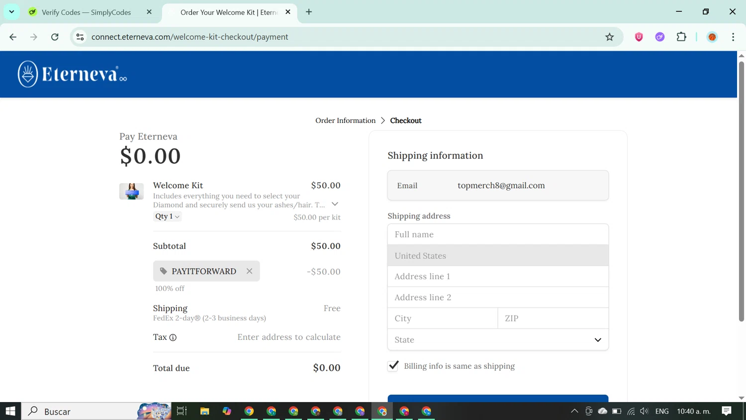 Eterneva discount code screenshot showing code PAYITFORWARD applied at Eterneva checkout page. Uploaded by SimplyCodes community member ABUSAMADRES_ on Oct 15, 2025