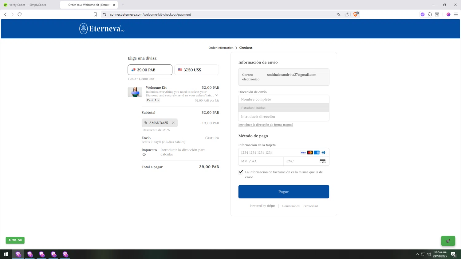 Eterneva discount code screenshot showing code AMANDA25 applied at Eterneva checkout page. Uploaded by SimplyCodes community member INSECTOS on Oct 29, 2025