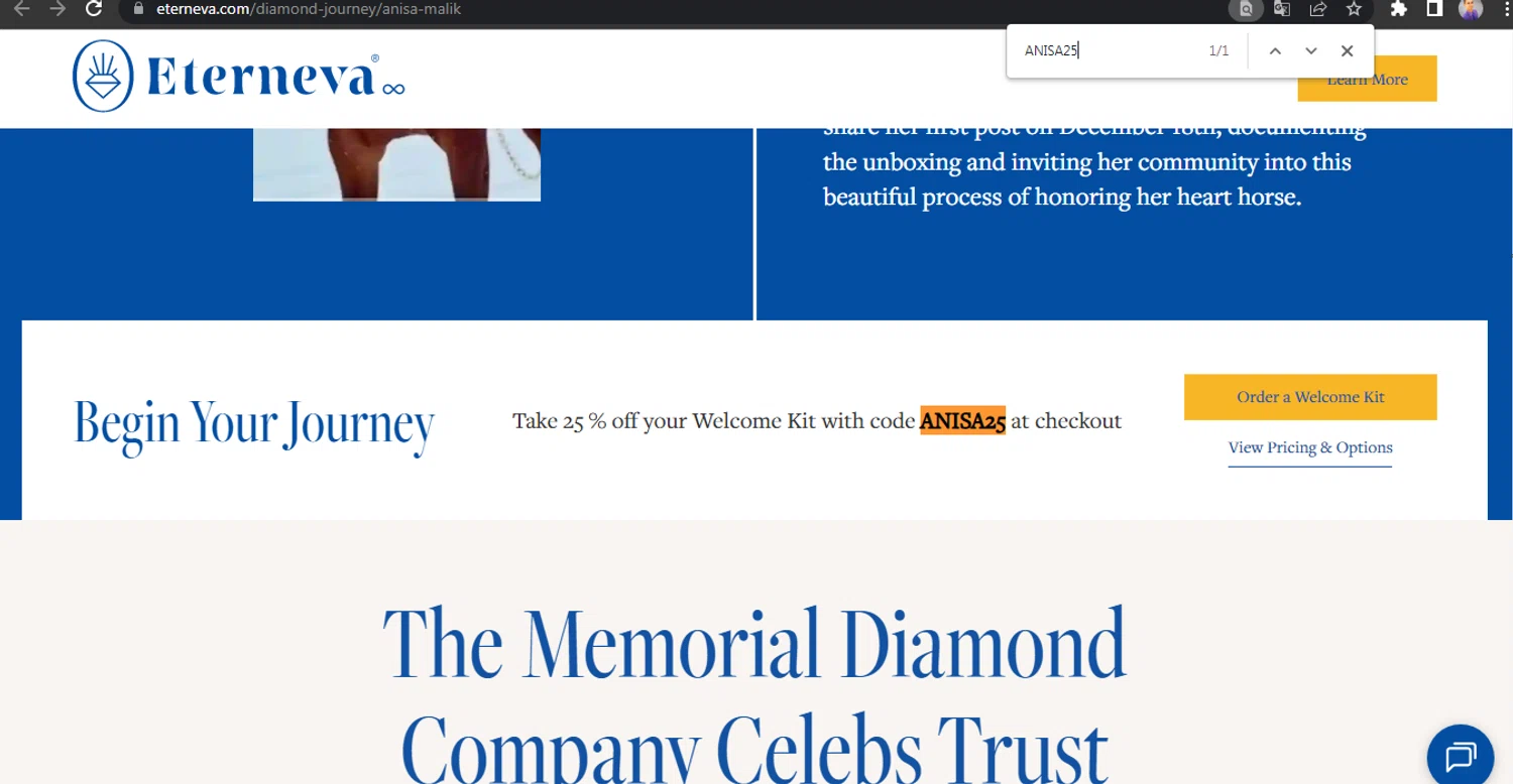 Eterneva discount code screenshot showing code ANISA25 applied at Eterneva checkout page. Uploaded by SimplyCodes community member HUNTER1406 on Sep 20, 2025