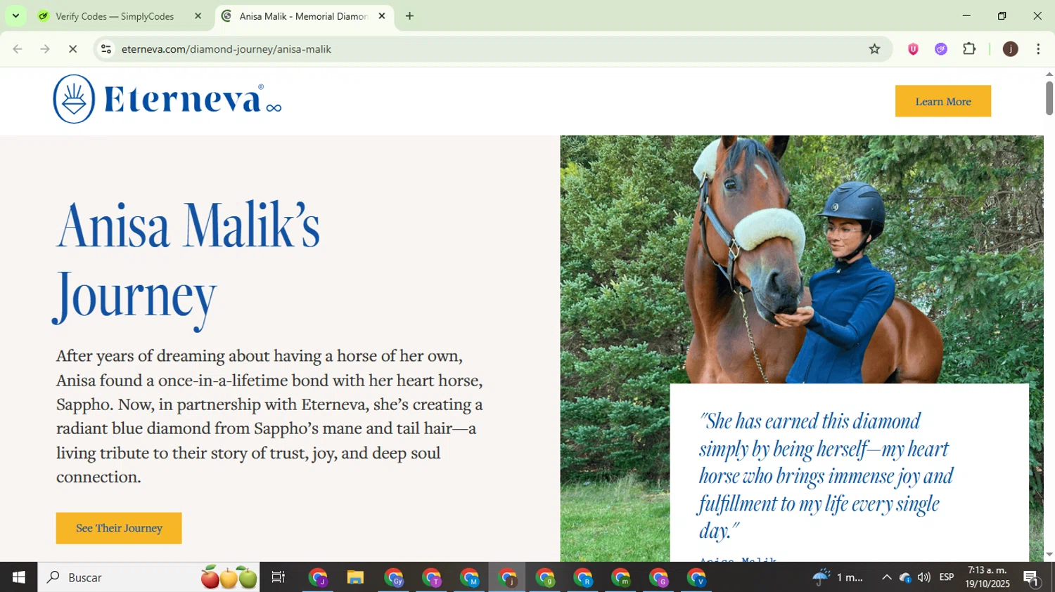 Eterneva discount code screenshot showing code ANISA25 applied at Eterneva checkout page. Uploaded by SimplyCodes community member WonderEagle9833 on Oct 19, 2025