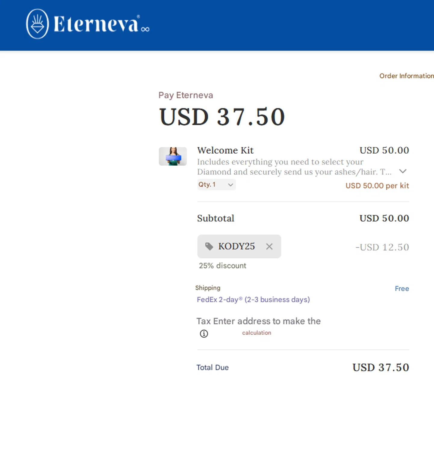 Eterneva discount code screenshot showing code KODY25 applied at Eterneva checkout page. Uploaded by SimplyCodes community member Gray_75 on Oct 4, 2025