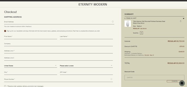 Eternity Modern checkout page showing Eternity Modern promo code box | Screenshot taken by SimplyCodes community member on Aug 13, 2025