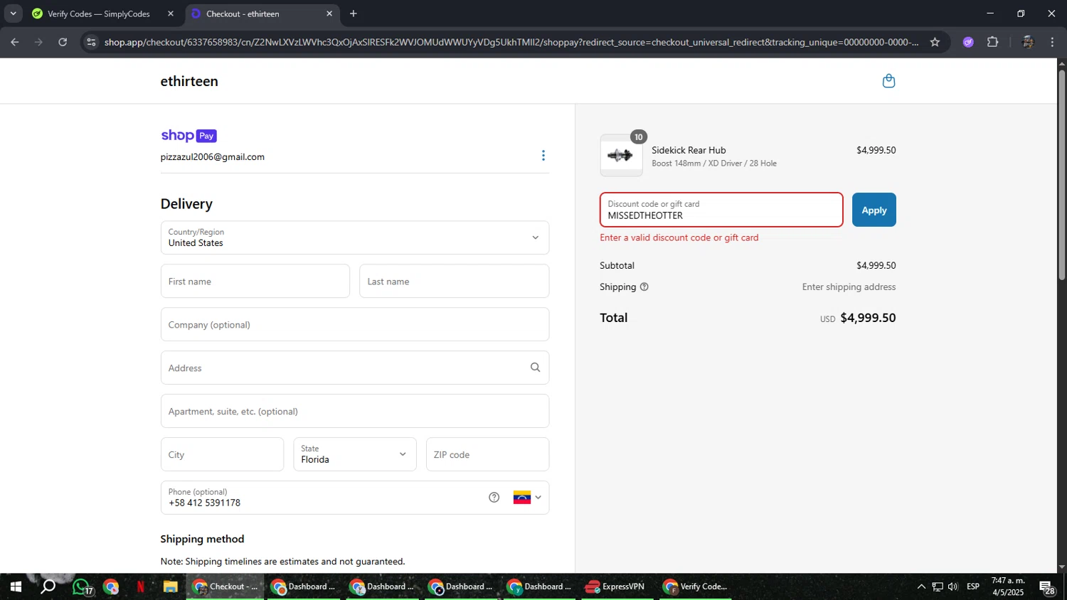 E*Thirteen promo code screenshot showing code MISSEDTHEOTTER applied at E*Thirteen checkout page. Uploaded by SimplyCodes community member xxdddd on May 4, 2025