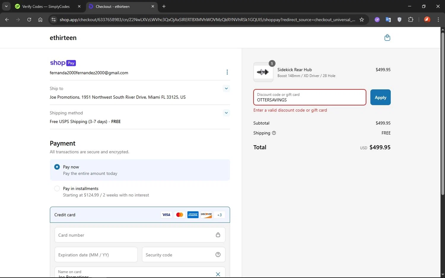 E*Thirteen promo code screenshot showing code OTTERSAVINGS applied at E*Thirteen checkout page. Uploaded by SimplyCodes community member VoucherShopper1452 on May 4, 2025