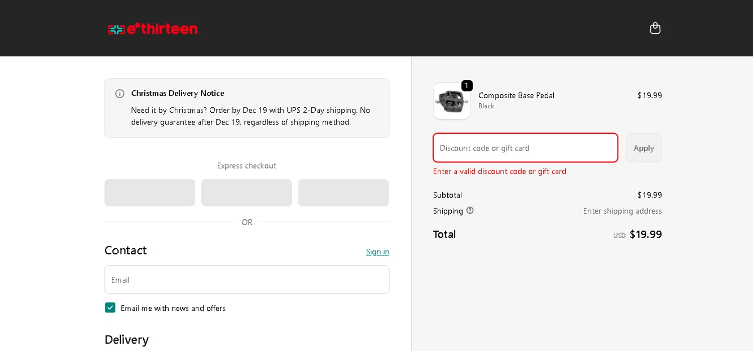 E*Thirteen promo code screenshot showing code crankmas applied at E*Thirteen checkout page. Uploaded by SimplyCodes community member pkwhite on Dec 22, 2025
