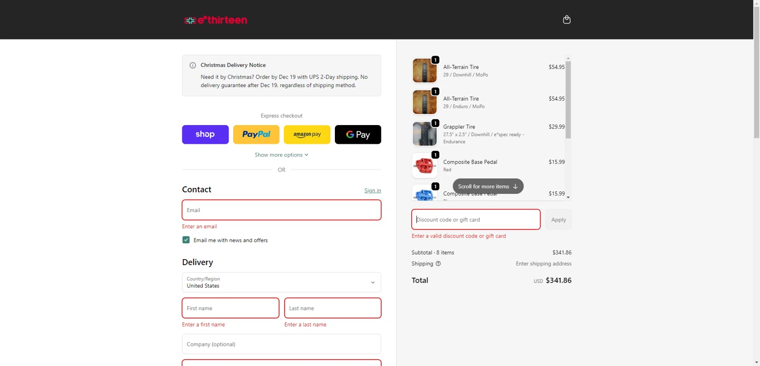 E*Thirteen promo code screenshot showing code crankmas applied at E*Thirteen checkout page. Uploaded by SimplyCodes community member SilverChaser3269 on Dec 23, 2025