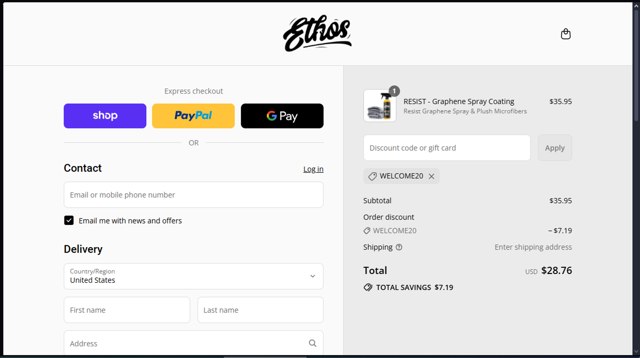 Ethos Car Care checkout page showing Ethos Car Care discount code box | Screenshot taken by SimplyCodes community member on Sep 1, 2025