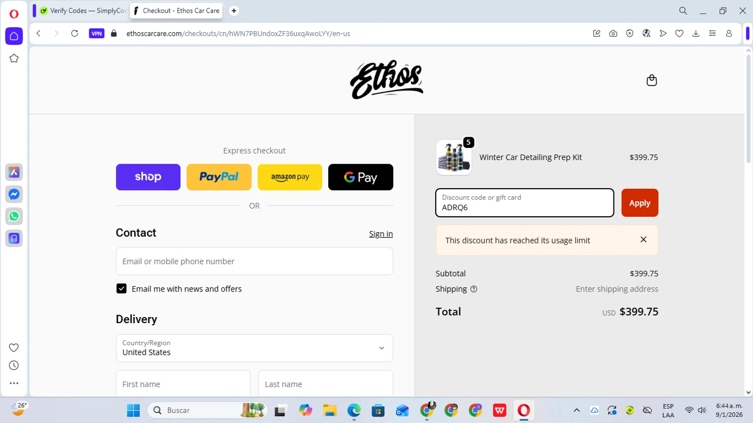 Ethos Car Care promo code screenshot showing code ADRQ6 applied at Ethos Car Care checkout page. Uploaded by SimplyCodes community member YunoMaria on Jan 9, 2026