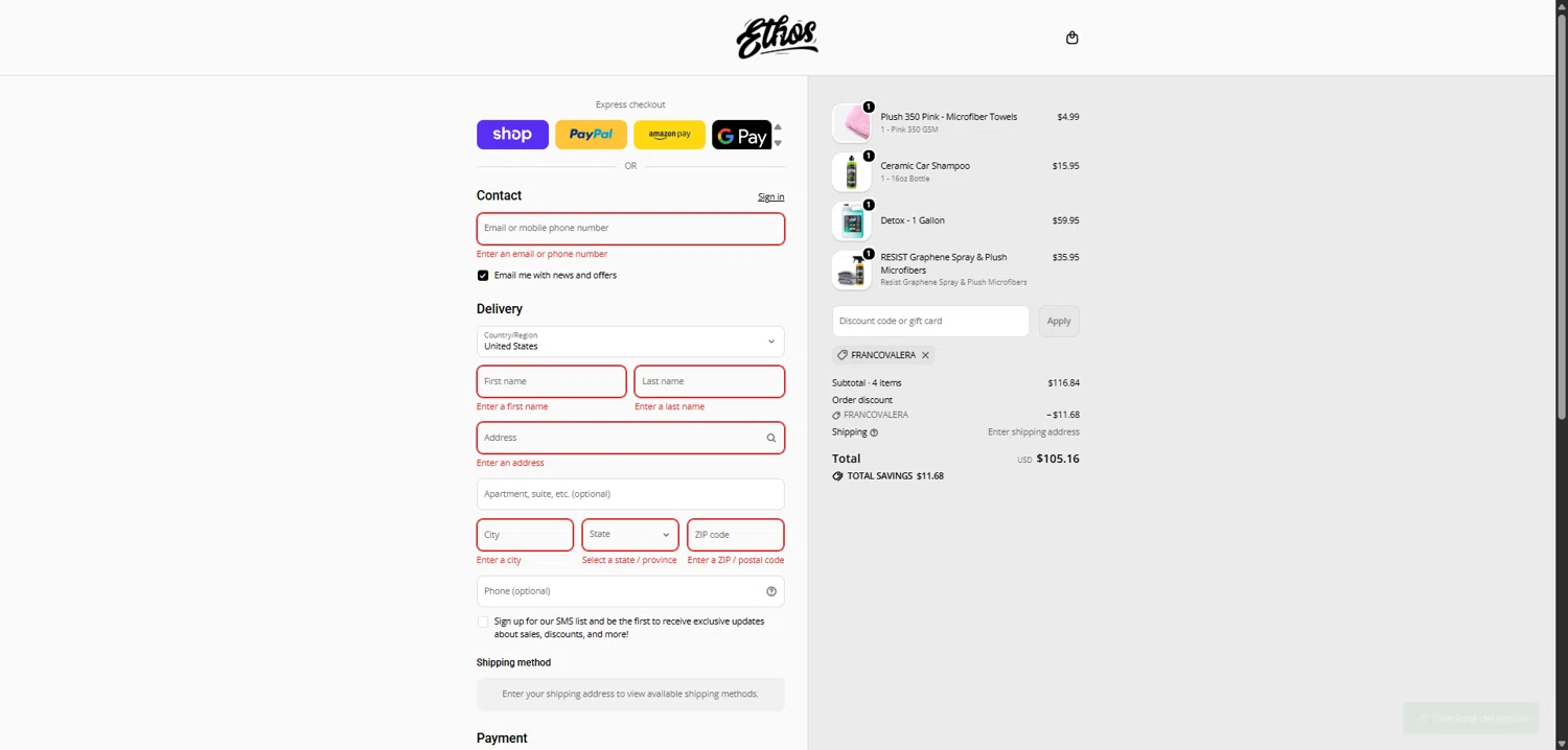 Ethos Car Care promo code screenshot showing code FRANCOVALERA applied at Ethos Car Care checkout page. Uploaded by SimplyCodes community member TokenFalcon7462 on Jan 30, 2026