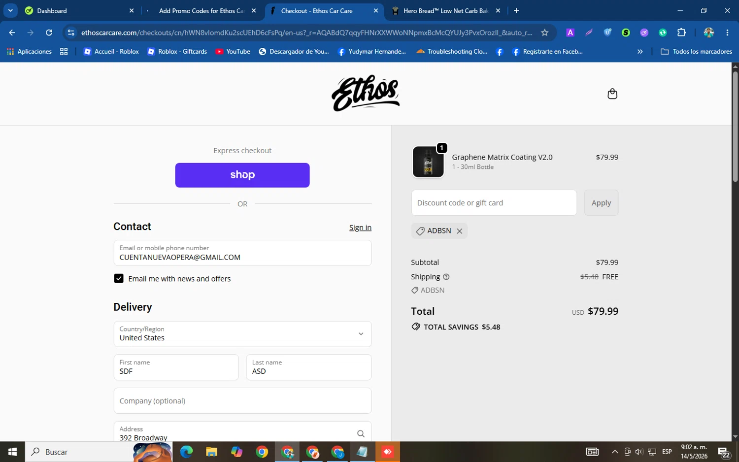 Ethos Car Care promo code screenshot showing code adbsn applied at Ethos Car Care checkout page. Uploaded by SimplyCodes community member helicoide on May 14, 2026
