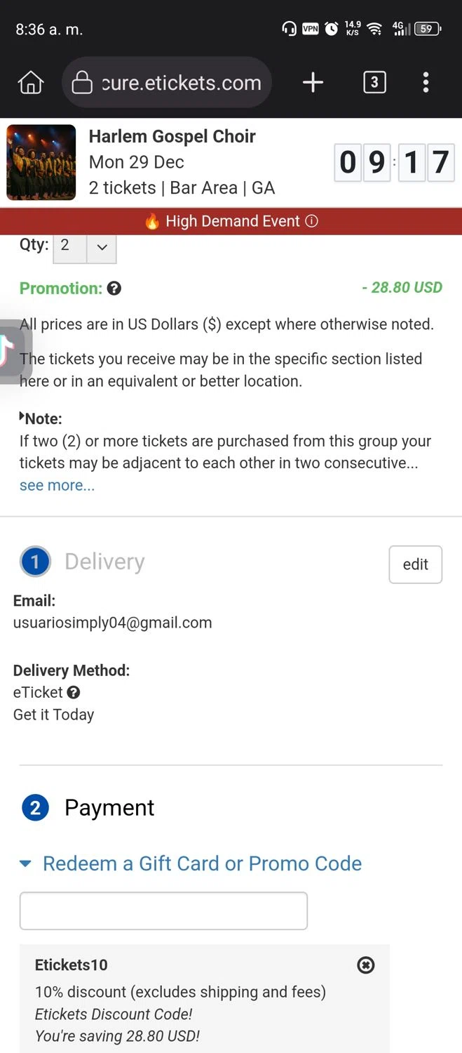 Etickets promo code screenshot showing code ETICKETS10 applied at Etickets checkout page. Uploaded by SimplyCodes community member Diego_Soto on Dec 29, 2025