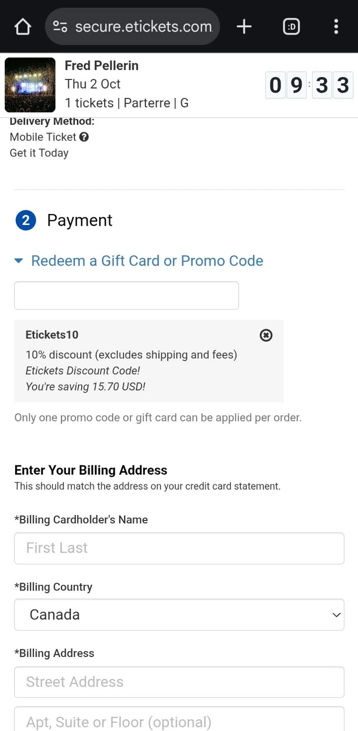 Etickets checkout page showing Etickets promo code box | Screenshot taken by SimplyCodes community member on Oct 2, 2025