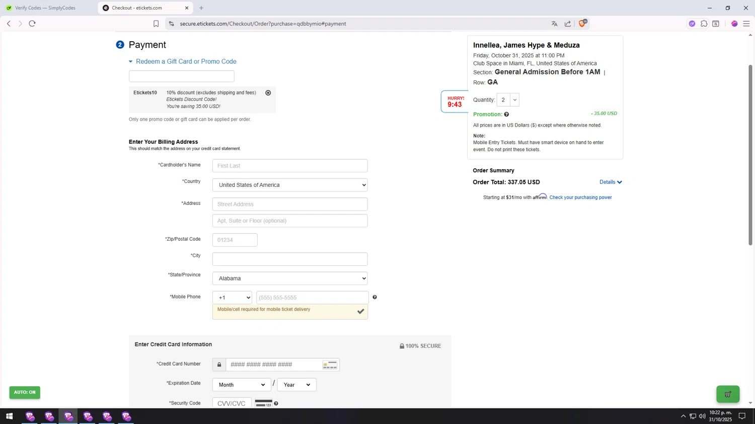 Etickets promo code screenshot showing code ETICKETS10 applied at Etickets checkout page. Uploaded by SimplyCodes community member usercod909090 on Nov 1, 2025