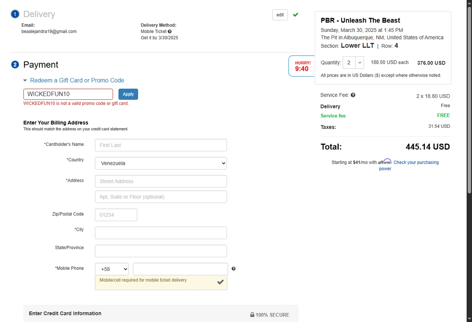 Etickets promo code screenshot showing code WICKEDFUN10 applied at Etickets checkout page. Uploaded by SimplyCodes community member BeaMartinez on Mar 29, 2025