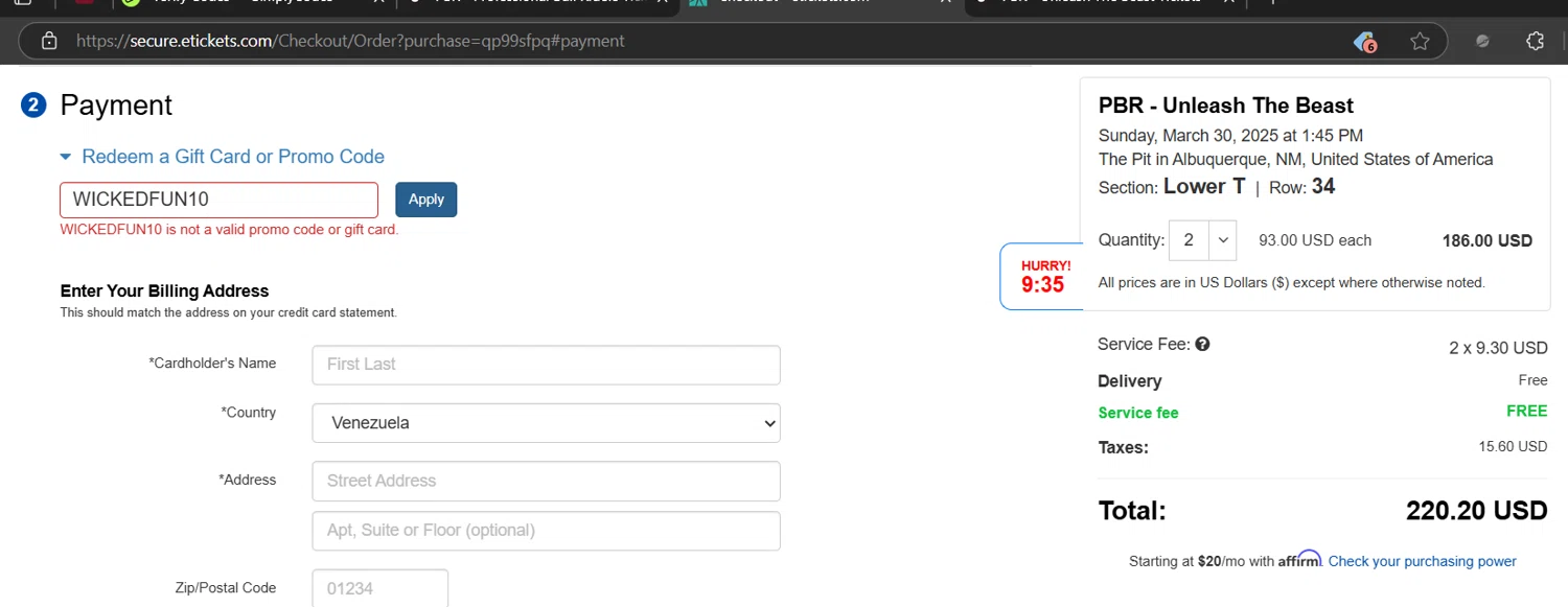 Etickets promo code screenshot showing code WICKEDFUN10 applied at Etickets checkout page. Uploaded by SimplyCodes community member JasnibelEgu on Mar 29, 2025