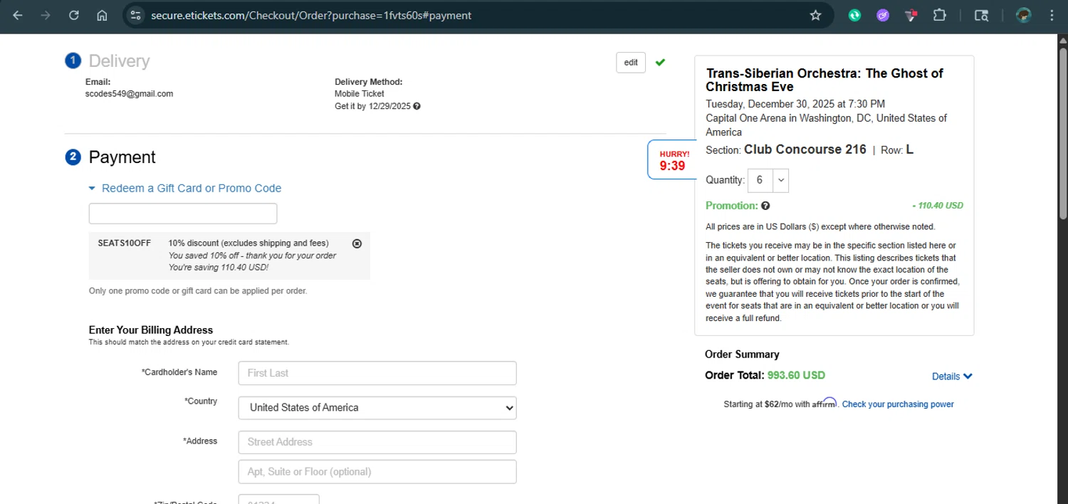 Etickets promo code screenshot showing code SEATS10OFF applied at Etickets checkout page. Uploaded by SimplyCodes community member xAngel on Oct 21, 2025