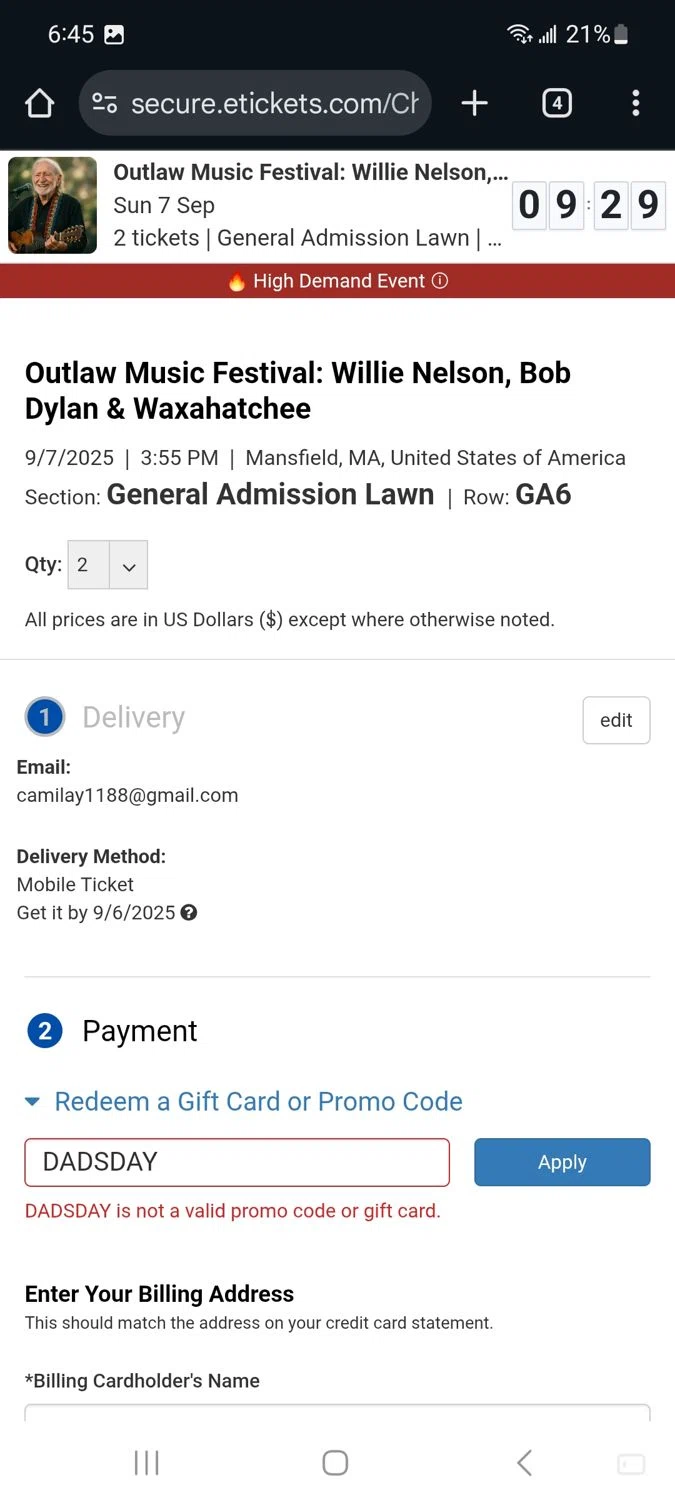Etickets promo code screenshot showing code DADSDAY applied at Etickets checkout page. Uploaded by SimplyCodes community member Milaya on Aug 11, 2025