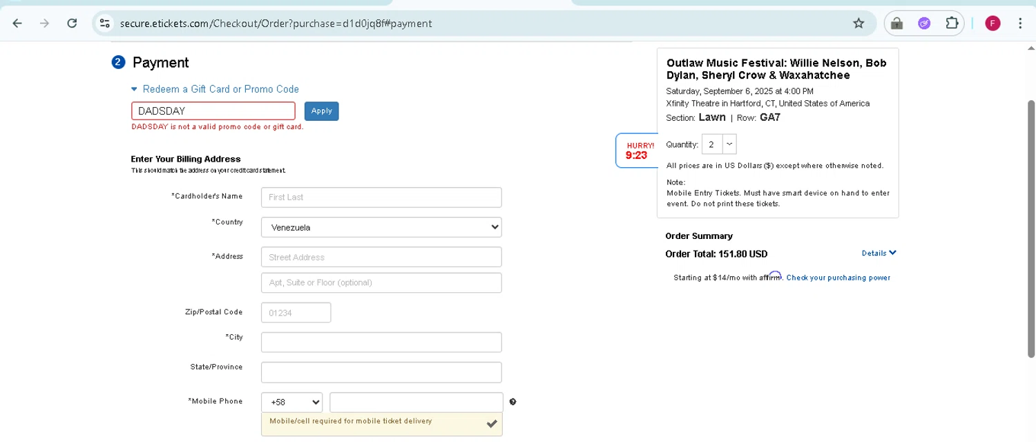 Etickets promo code screenshot showing code DADSDAY applied at Etickets checkout page. Uploaded by SimplyCodes community member TokenMonarch796 on Aug 11, 2025
