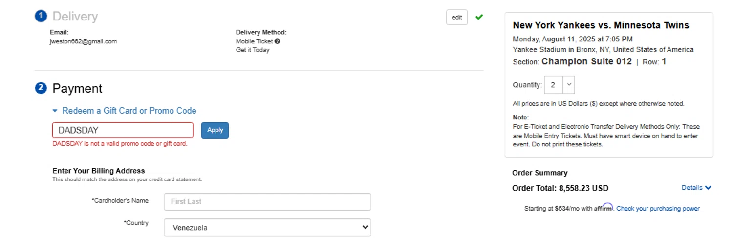 Etickets promo code screenshot showing code DADSDAY applied at Etickets checkout page. Uploaded by SimplyCodes community member Toundji on Aug 11, 2025