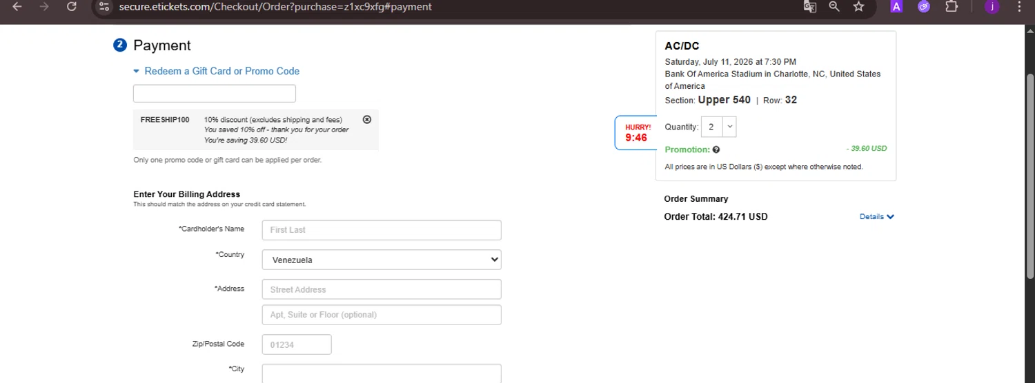 Etickets promo code screenshot showing code FREESHIP100 applied at Etickets checkout page. Uploaded by SimplyCodes community member CoinMaverick1452 on Nov 10, 2025