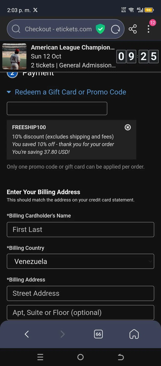 Etickets promo code screenshot showing code FREESHIP100 applied at Etickets checkout page. Uploaded by SimplyCodes community member chepipi on Oct 12, 2025