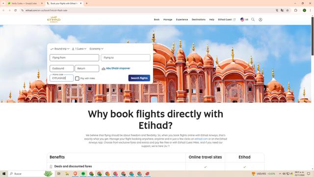 Etihad Airways checkout page showing Etihad Airways coupon code box | Screenshot taken by SimplyCodes community member on Nov 23, 2024