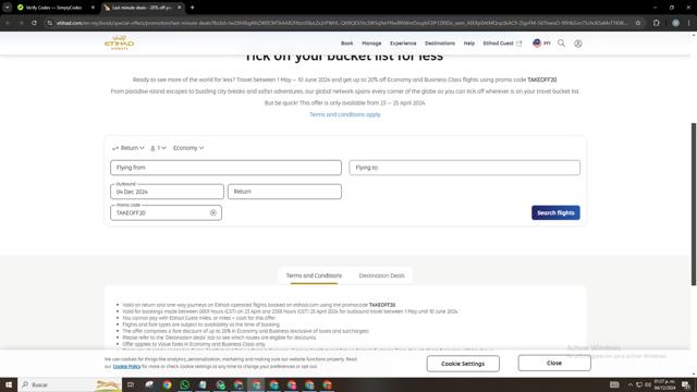 Etihad Airways checkout page showing Etihad Airways coupon code box | Screenshot taken by SimplyCodes community member on Dec 4, 2024