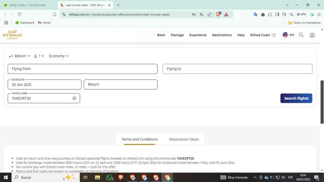 Etihad Airways checkout page showing Etihad Airways coupon code box | Screenshot taken by SimplyCodes community member on Jan 20, 2025